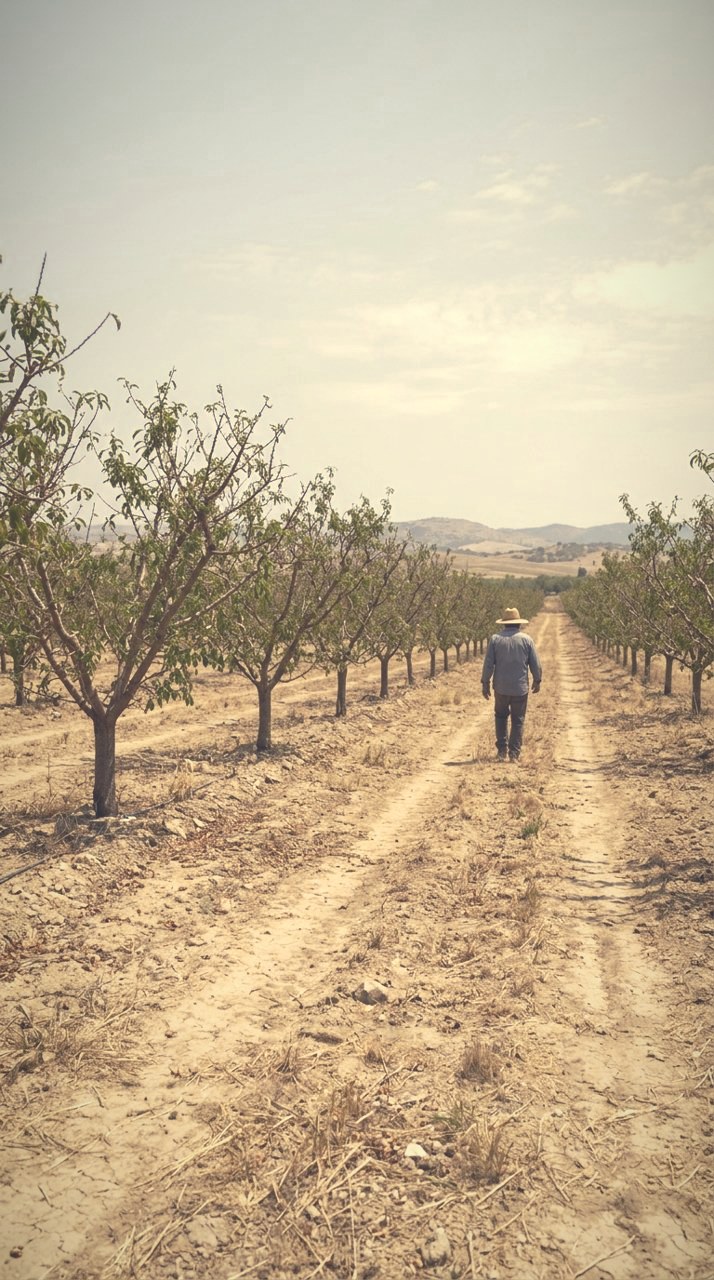 Graded with Soft Pictorial: Orchard rows, breathed on. The last row dissolves before it reaches the edge of the frame.