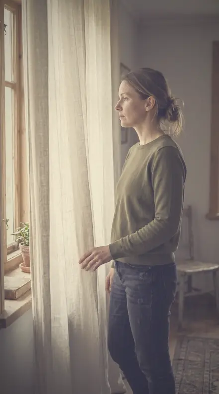 Tender Distance applied to A face in the curtain light, veiled